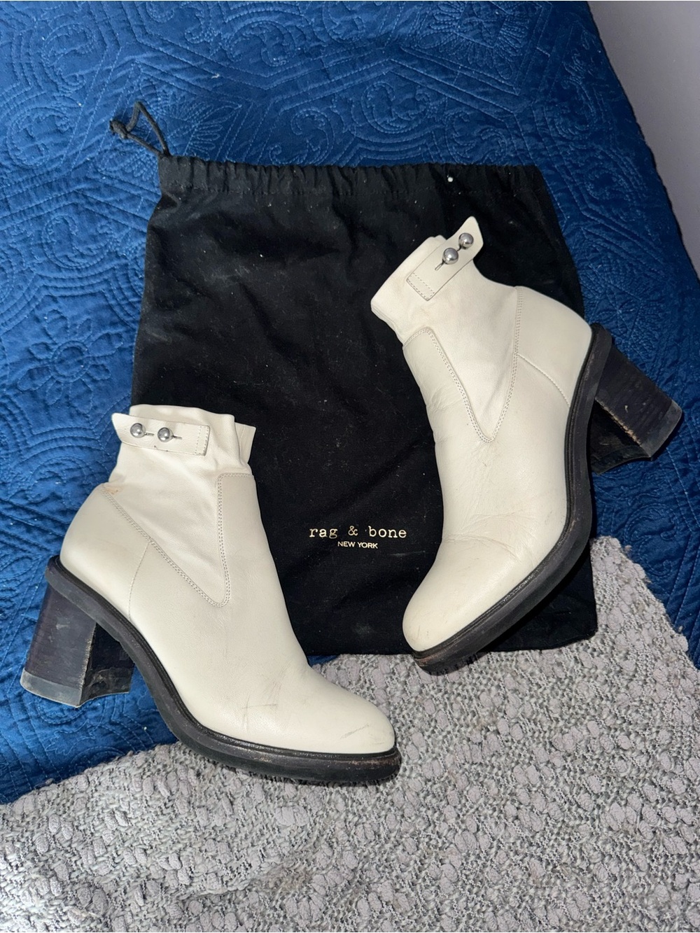 rag & bone Cream Leather Ankle Boots with Block Heel